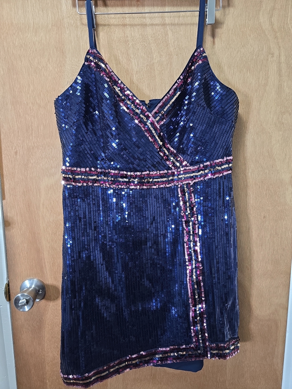 BCBGMaxAzria Navy Sequin Wrap-Front Mini Dress with Pink Trim